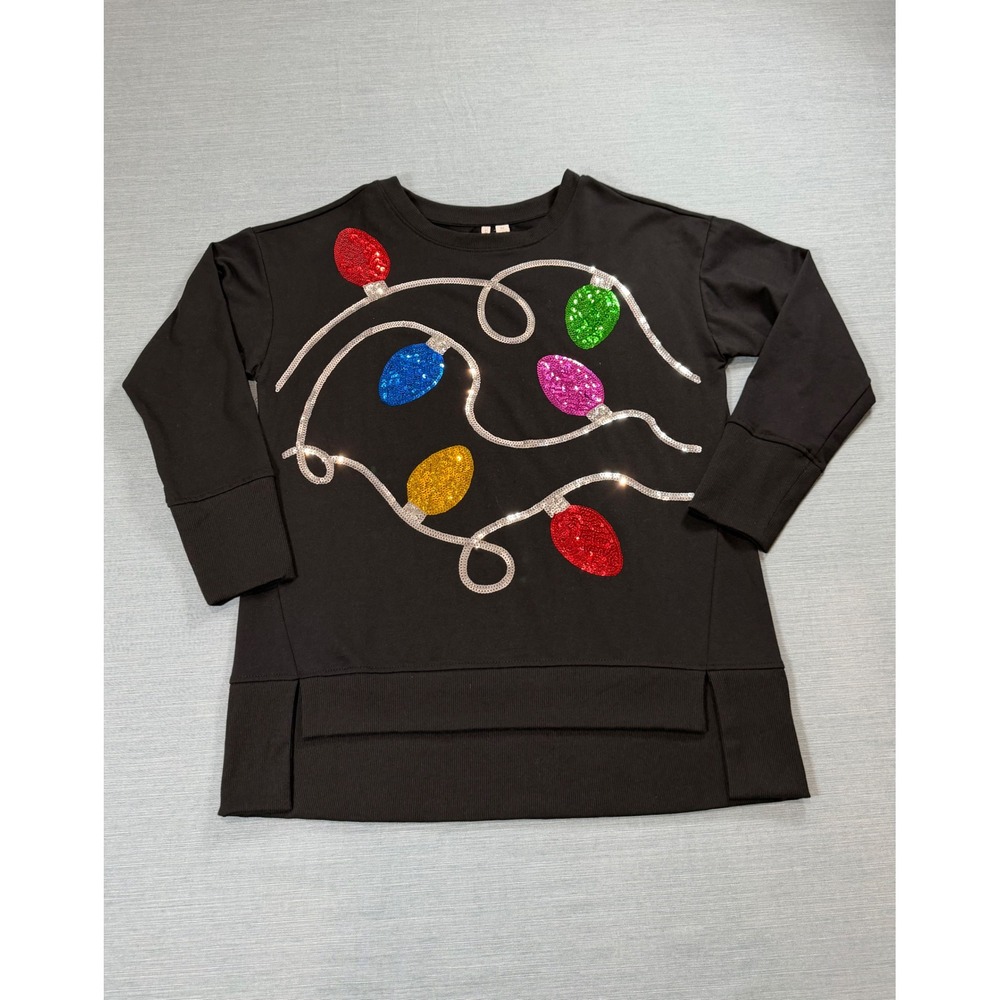 Cato Christmas Lights Sequin Sweatshirt Women Size M Black NWT Holiday Graphic